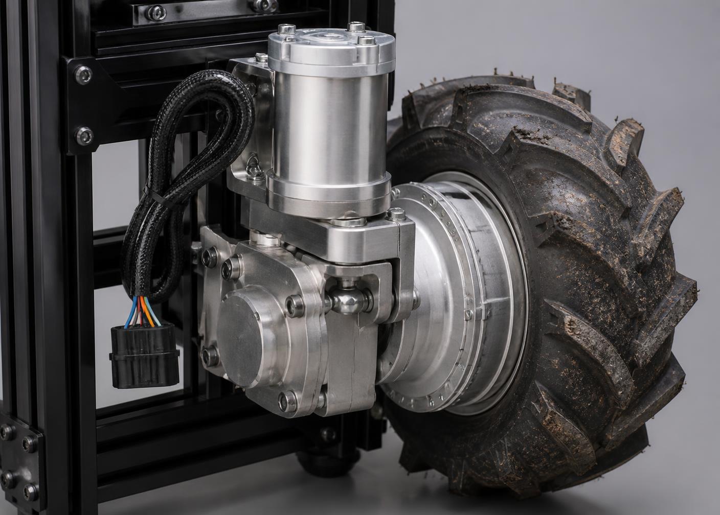 Drive module combining a steering actuator with an in-hub electric motor and agricultural tyre