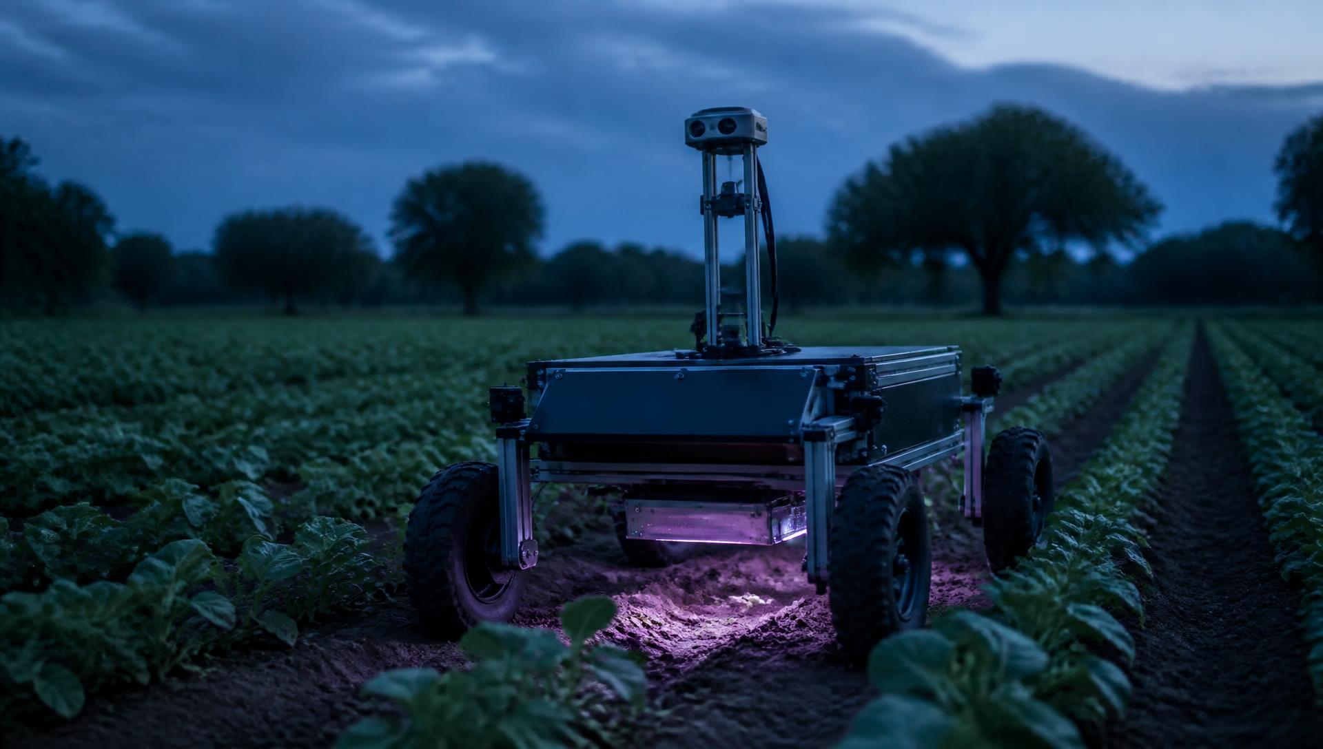 The Spica UV Rover in a crop field at dusk