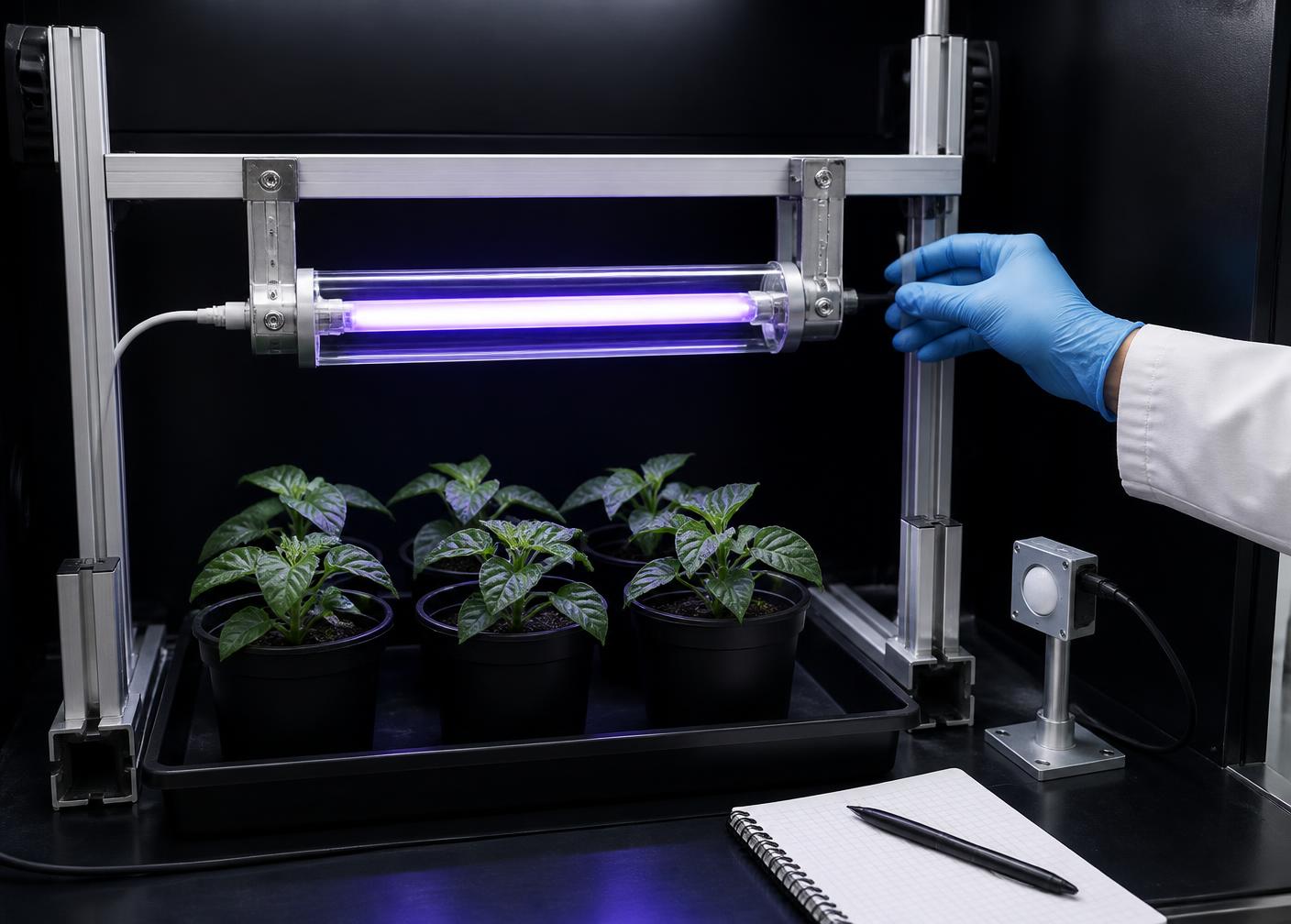 UV-C lamp assembly mounted above plants on a laboratory test rig