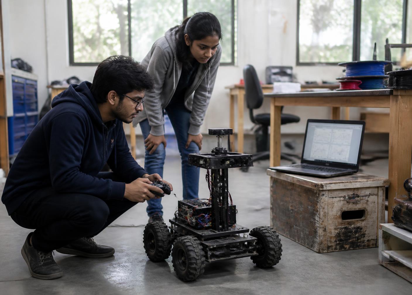 Team members testing an early robot prototype in a university robotics workshop